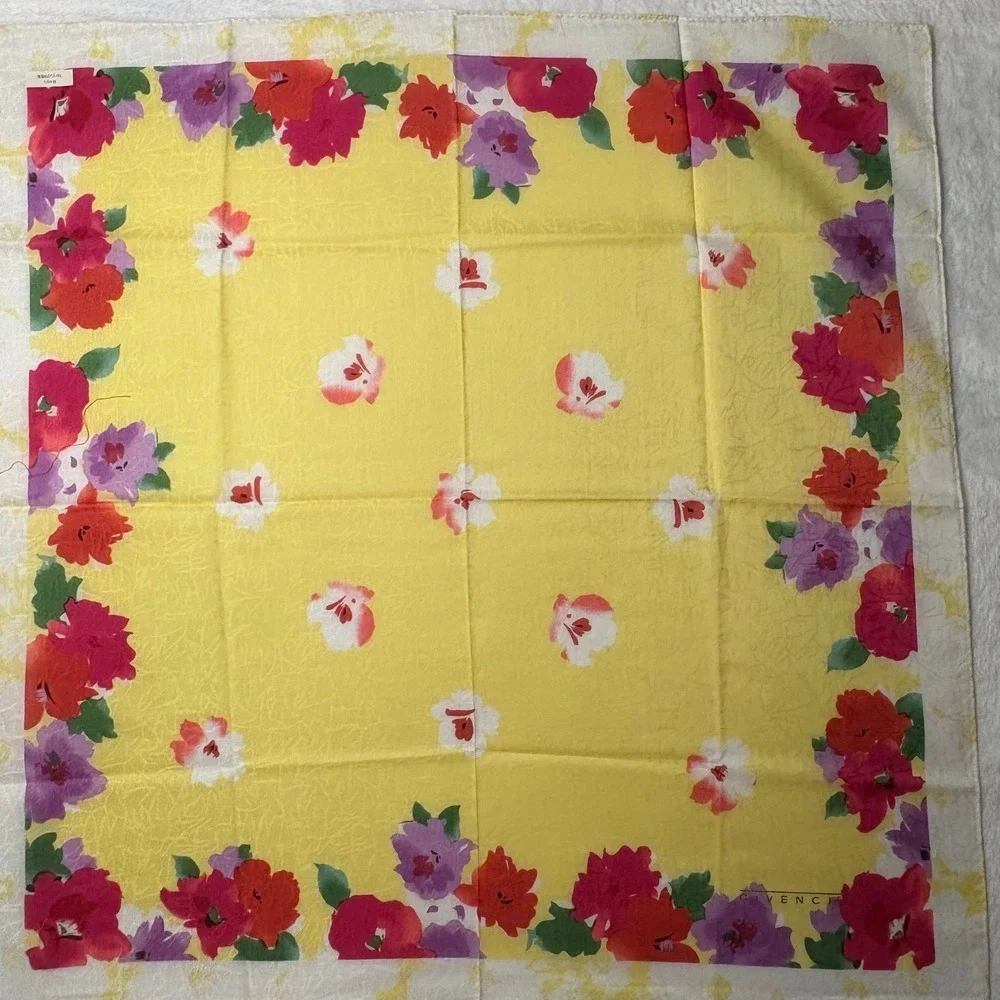 Vtg GIVENCHY Scarf Handkerchief Floral Yellow 18.5